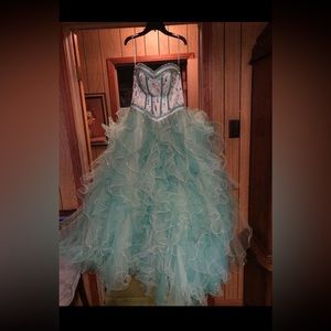 aqua blue puffy strapless corset back prom dress